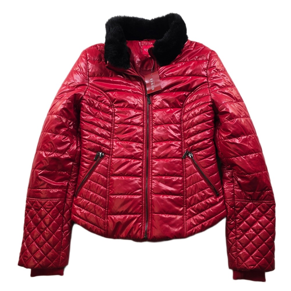 GUESS Colett Puffer Jacket Womens XS Rugby Red Faux Fur‎ Collar Quilted NEW